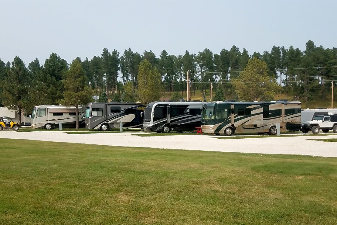RVs parked at full-hookup campsites along the pines at Custer Crossing Family Campground